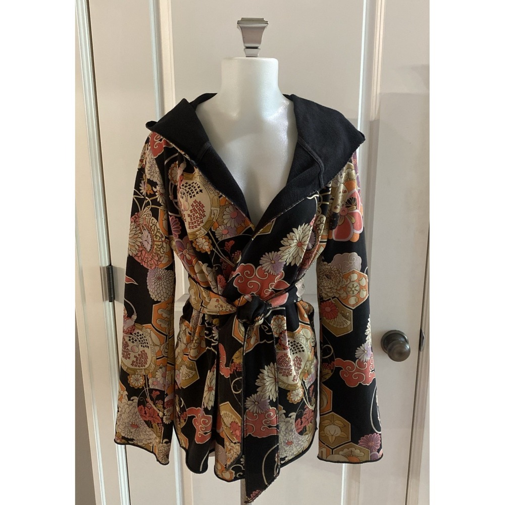 Vintage Lucky Brand Asian Floral Hoodie Jacket Cotton Tie Waist M Black Wrap